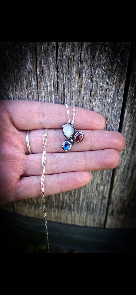 White Moonstone, red Garnet and blue Kyanite sterling silver dainty pendant